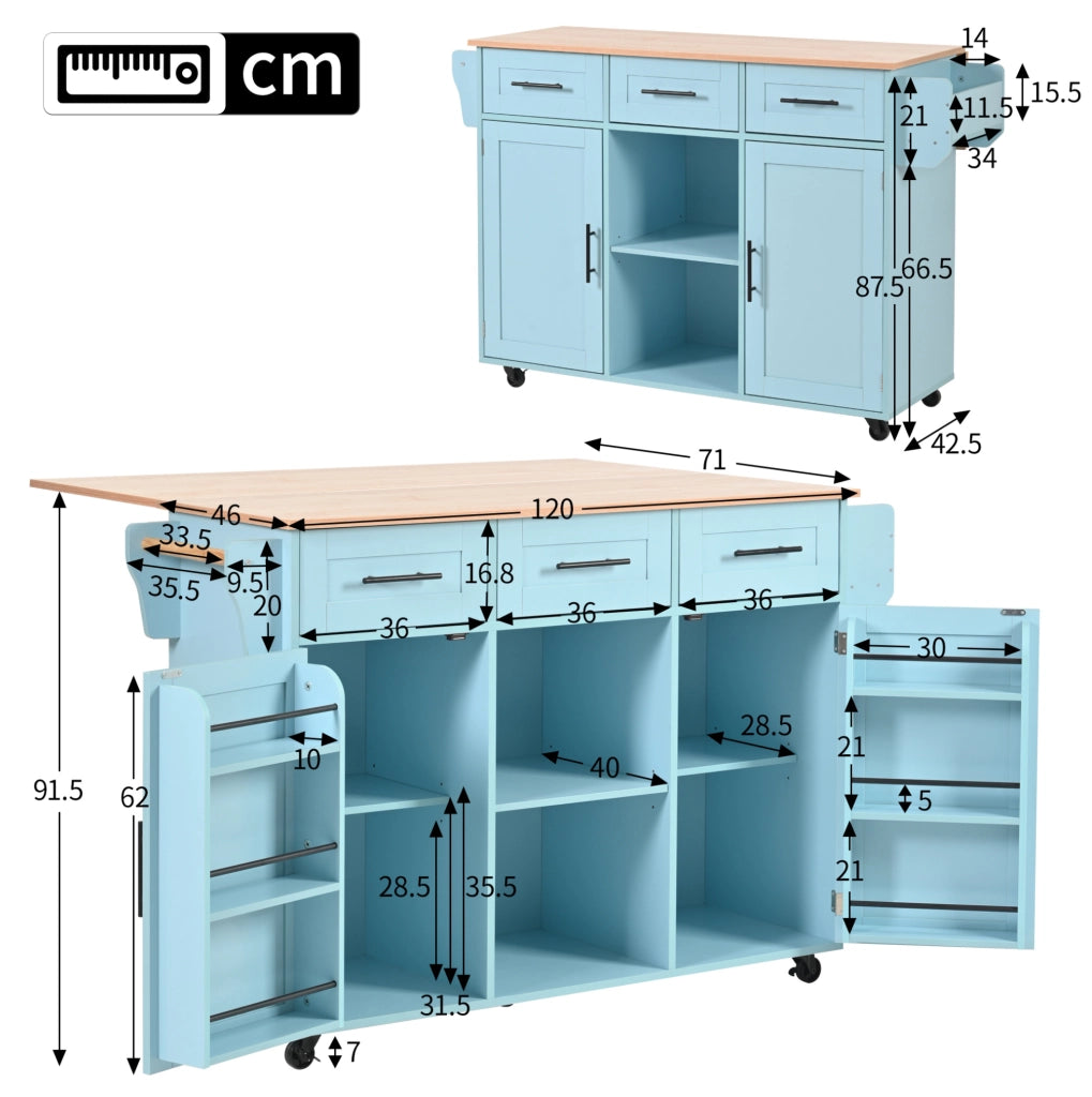 Carrello cucina ULEVR 139x46(71)x91,5 cm con piano pieghevole, 3 cassetti, ripiani regolabili e ruote, blu