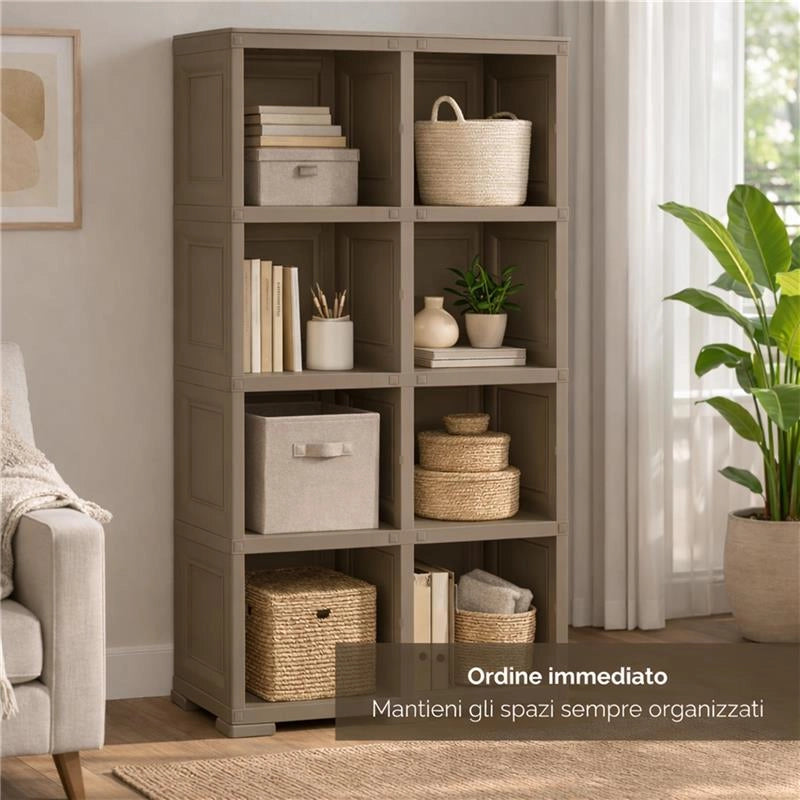 SCAFFALE 4 MODULI TAUPE 79X42,5X164 CM CON 2 PUNTALI – LIBRERIA ALTA CONTENITORE PER ZONA LIVING E STUDIO