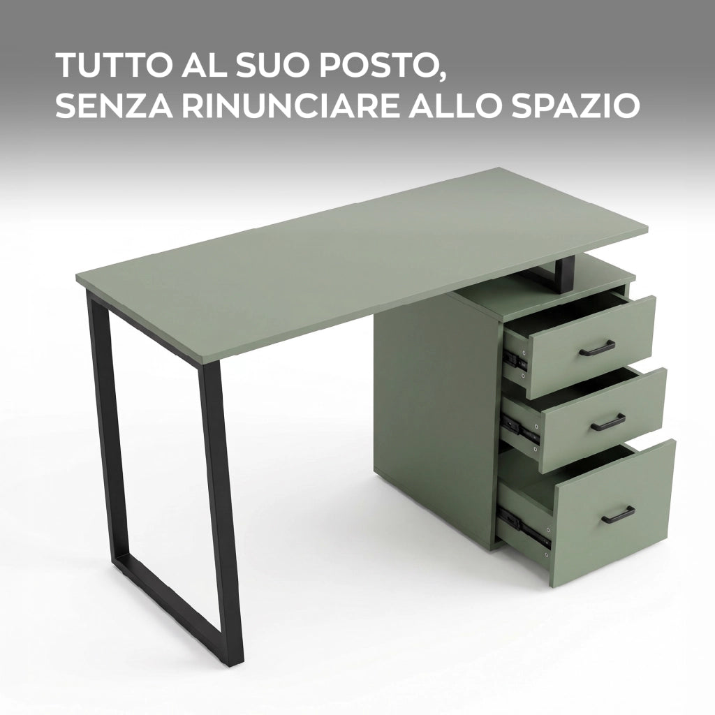 Asym - Scrivania da Ufficio Con Cassetteria 120x75x50 Tavolo Da Studio in Ferro Salvia