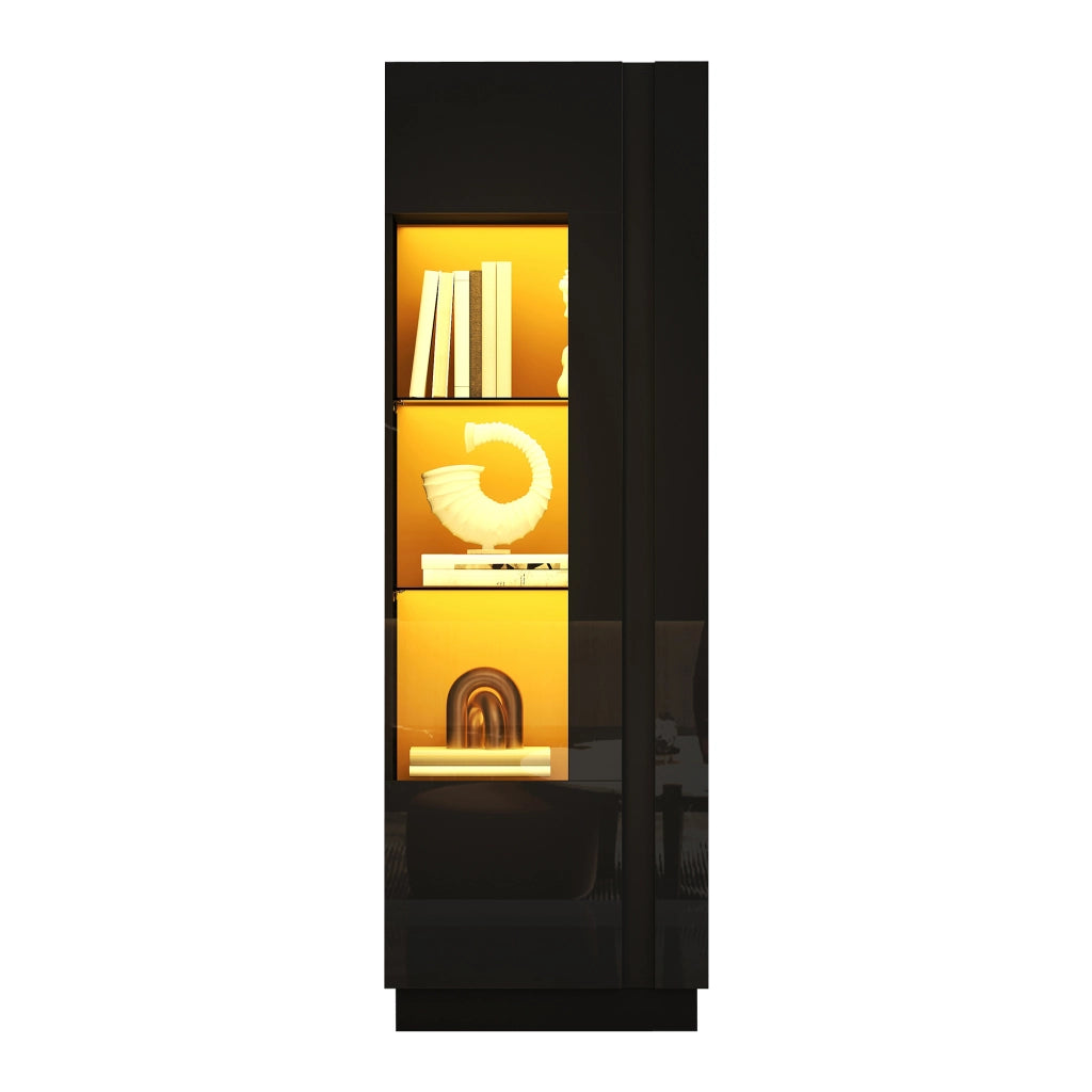 Vetrina LED con anta in acrilico, 5 vani e 2 ripiani in vetro, finitura lucida, per soggiorno, nero, 60 × 40 × 180 cm