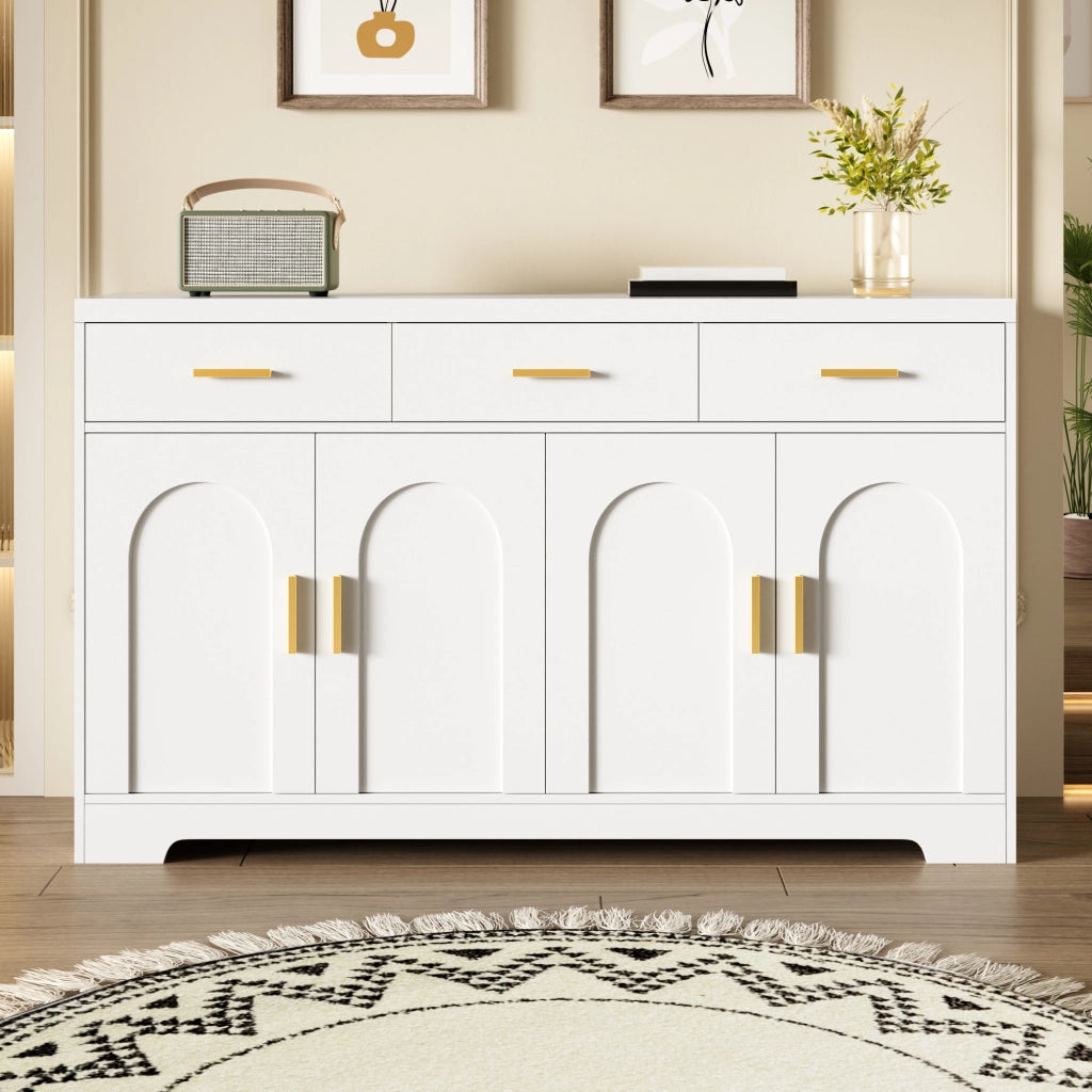 Madia 4 ante con rilievo ad arco; 3 cassetti; ripiani regolabili e maniglie dorate in MDF bianco 140 × 40 × 83 cm