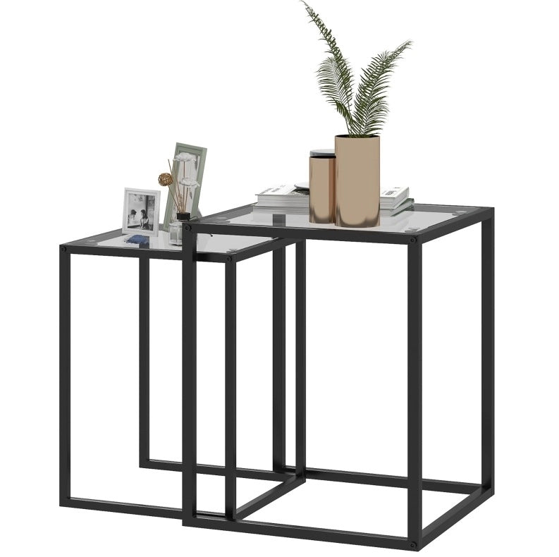 Set 2 tavolini da salotto impilabili in vetro temperato nero con struttura in acciaio HOMVRA