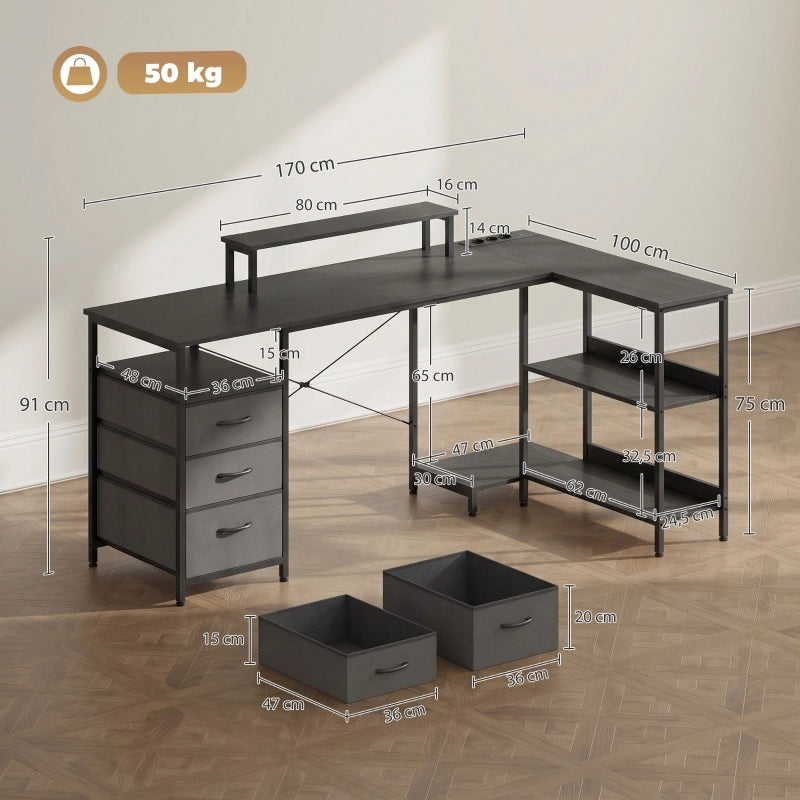 Scrivania a forma di L, scrivania ad angolo reversibile con cassetti e ripiani, 170 cm, nera