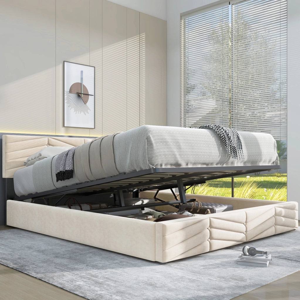 Letto imbottito 140x190 con testiera regolabile; velluto beige