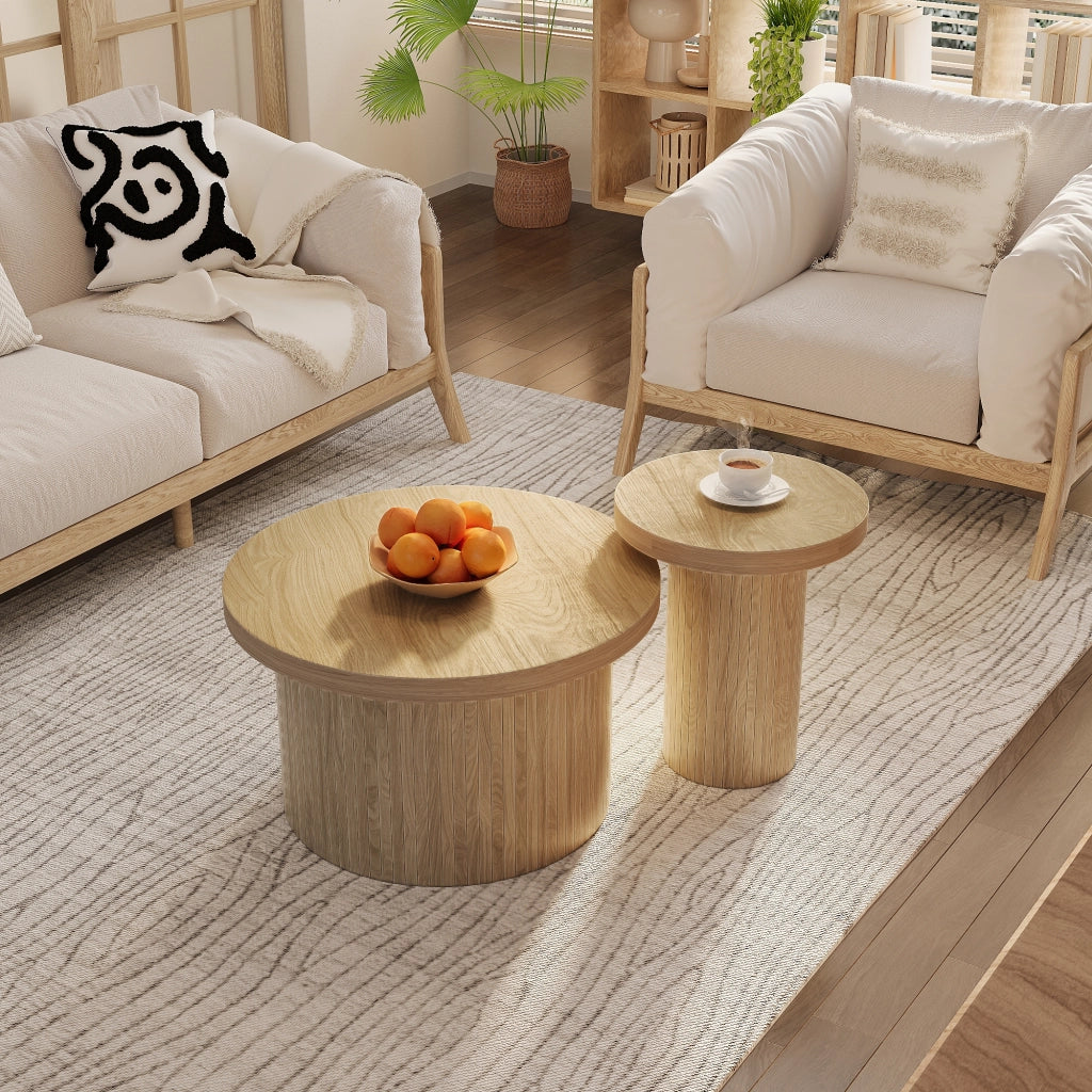 Tavolini da salotto impilabili modulari con struttura a doghe, stile naturale, in MDF, colore legno, per soggiorno