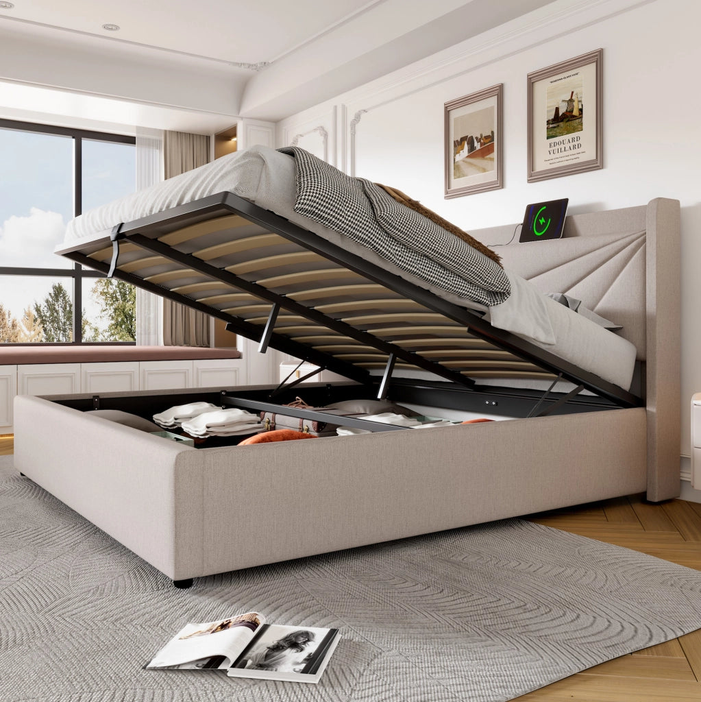 Letto matrimoniale 140x200 con contenitore, testiera con USB e Type-C