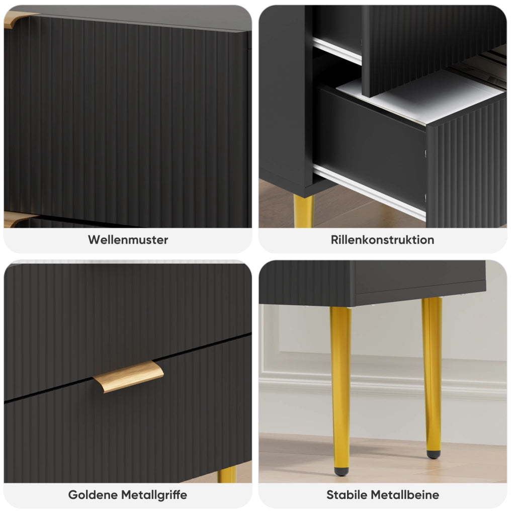 Comodino nero in MDF e metallo con motivo verticale e 2 cassetti