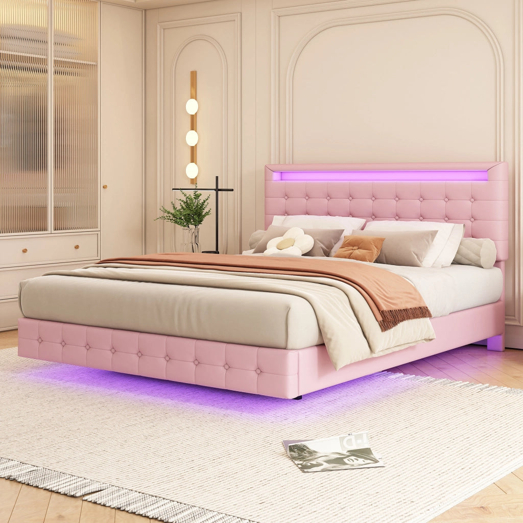 Letto Adulti 140×200 cm; Letto Matrimoniale con LED Regolabile e Testiera Regolabile; senza Materasso; PU; Rosa
