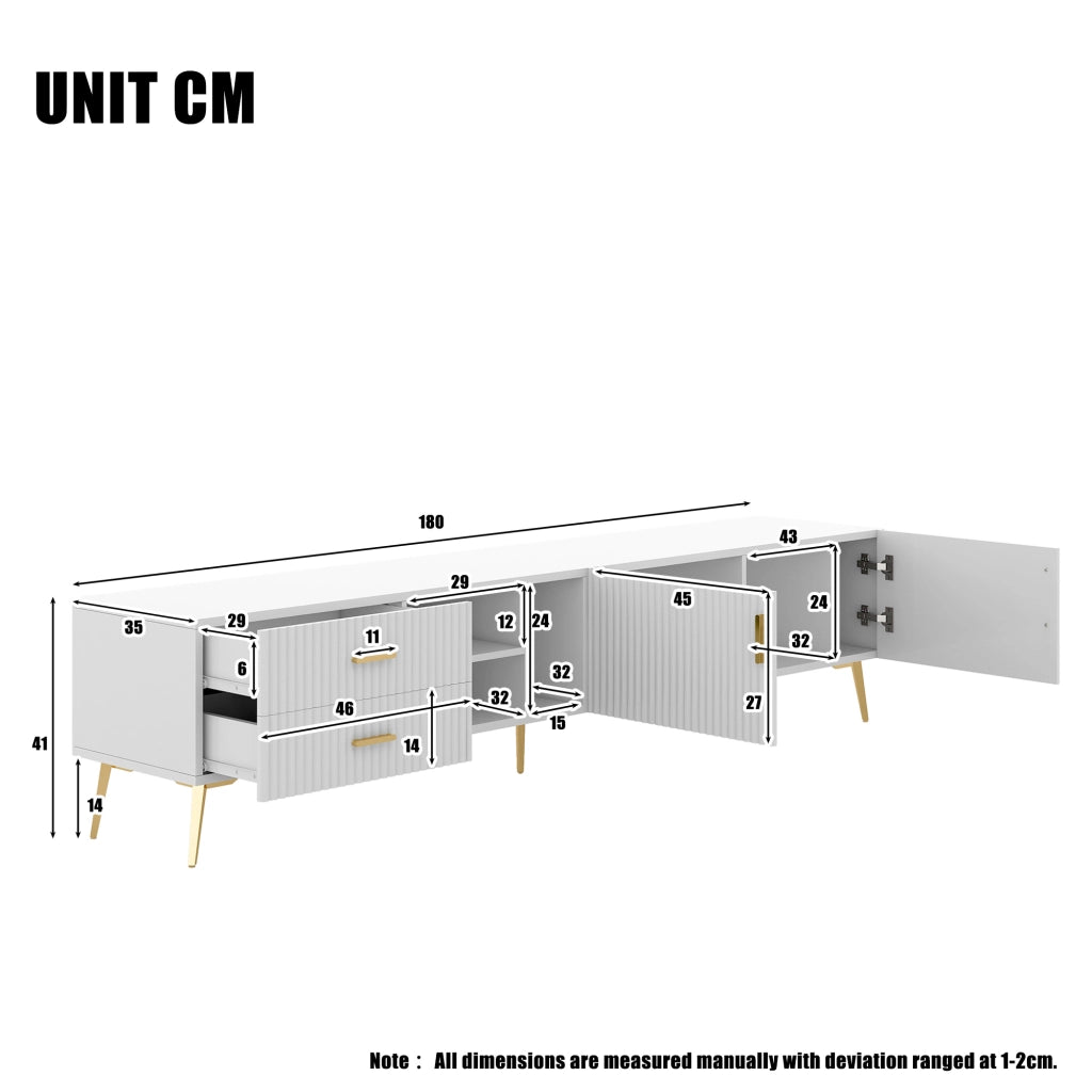 Mobile porta TV bianco in MDF con 2 cassetti e vani aperti, moderno e capiente