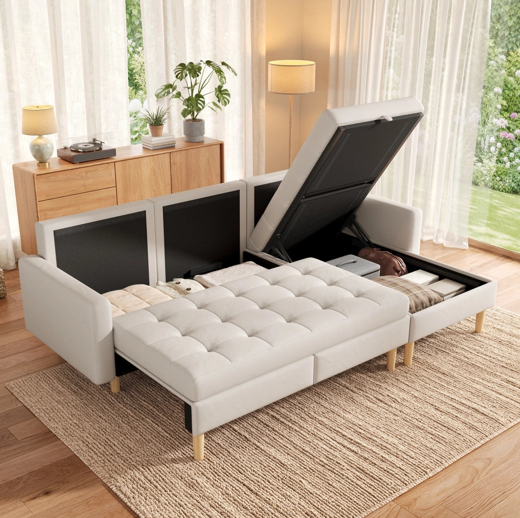 Divano angolare con chaise longue reversibile e contenitori; 212 × 130 × 86 cm; beige