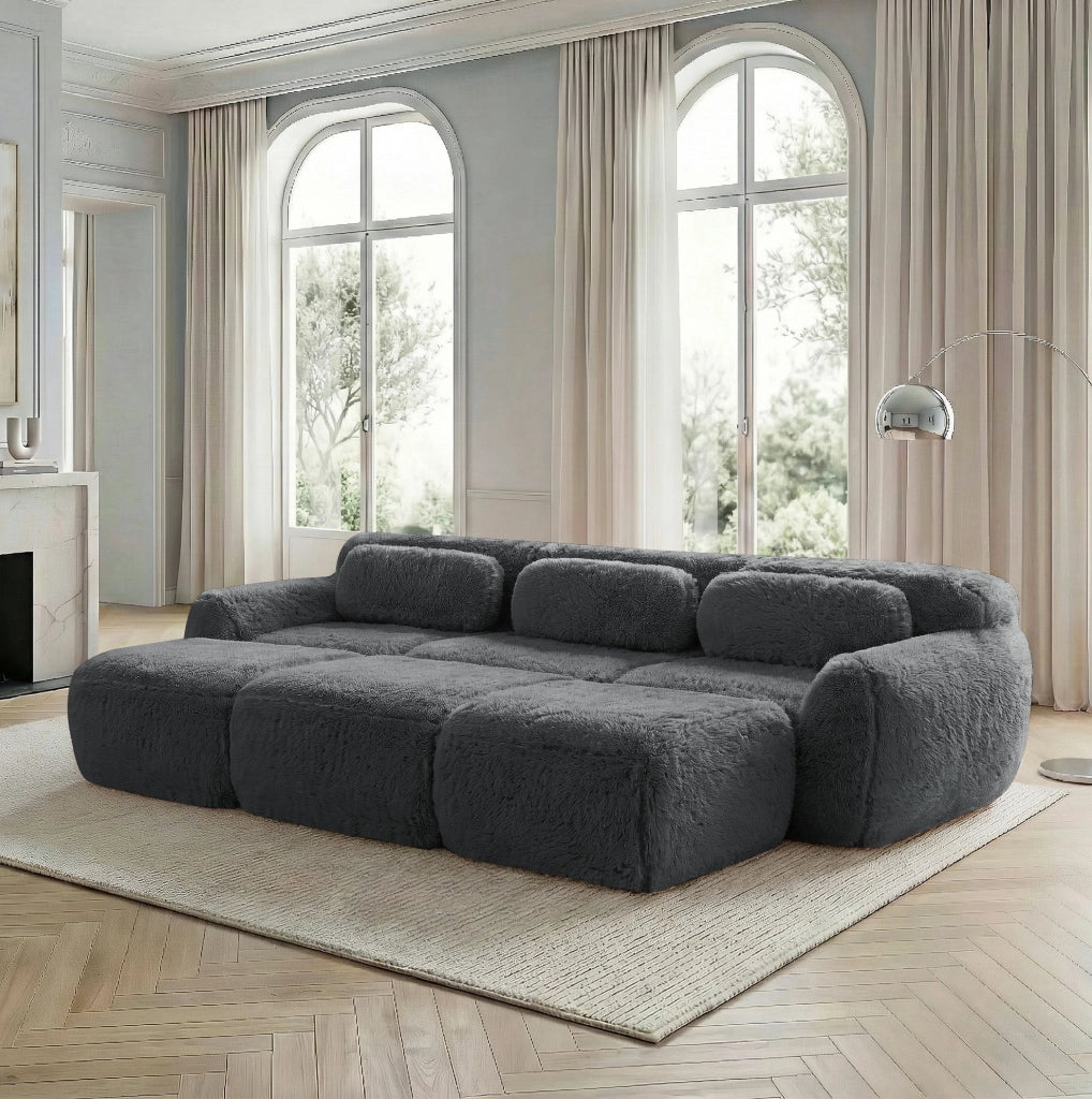 Divano modulare boneless Cloud in tessuto peluche grigio, con 3 ottomani, 3 posti, comodo per soggiorno