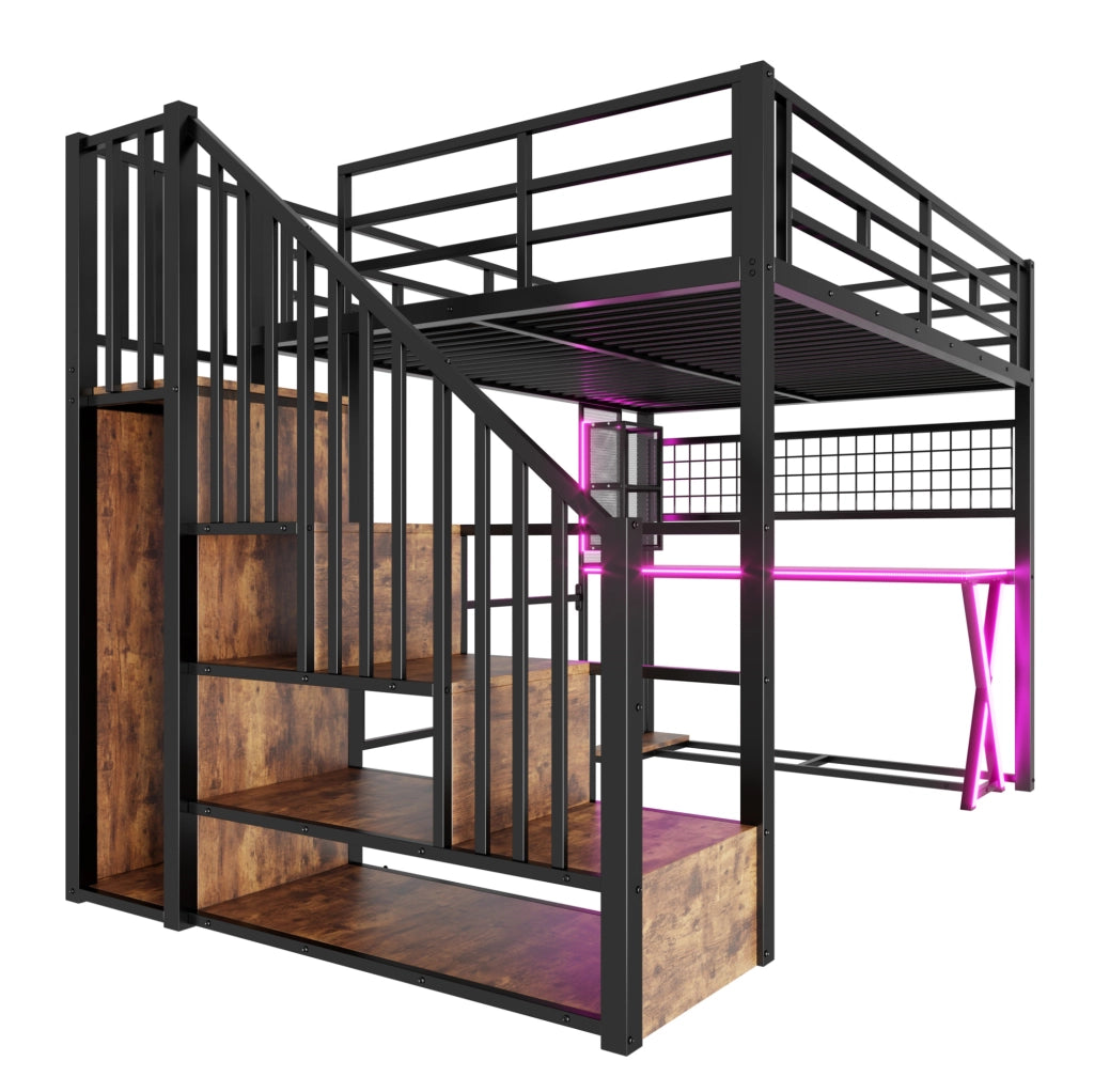 Letto a soppalco 140x200 cm in metallo/MDF nero con scrivania e contenitori