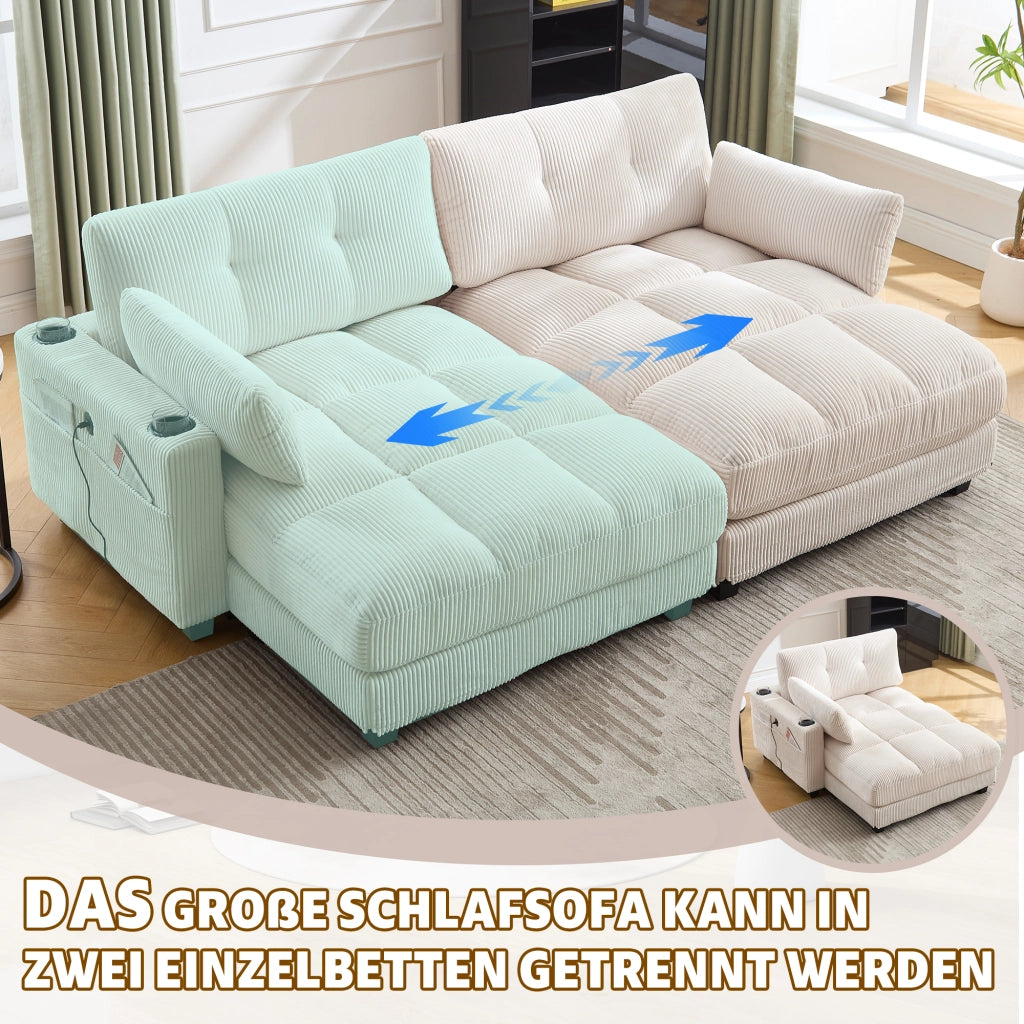 DIVANO Modulare 224x140x81 cm in Corduroy Beige Divisibile in 2 Sedute