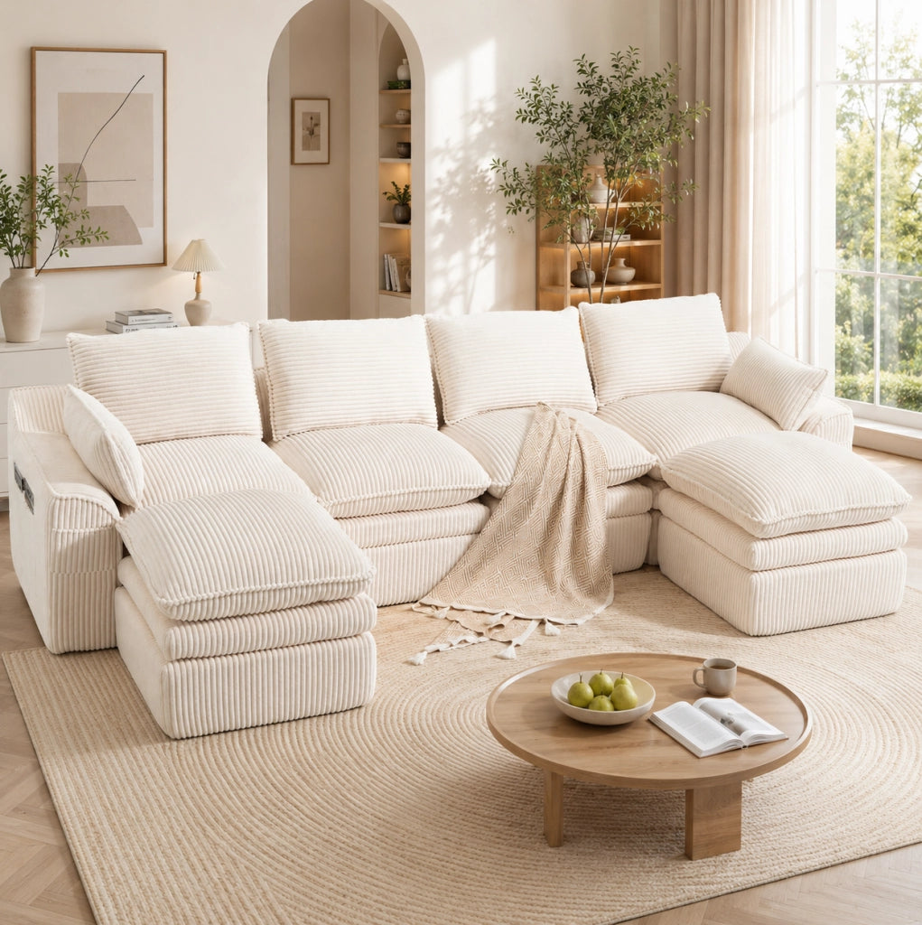 Divano modulare in velluto a coste beige con tasche laterali e cuscini
