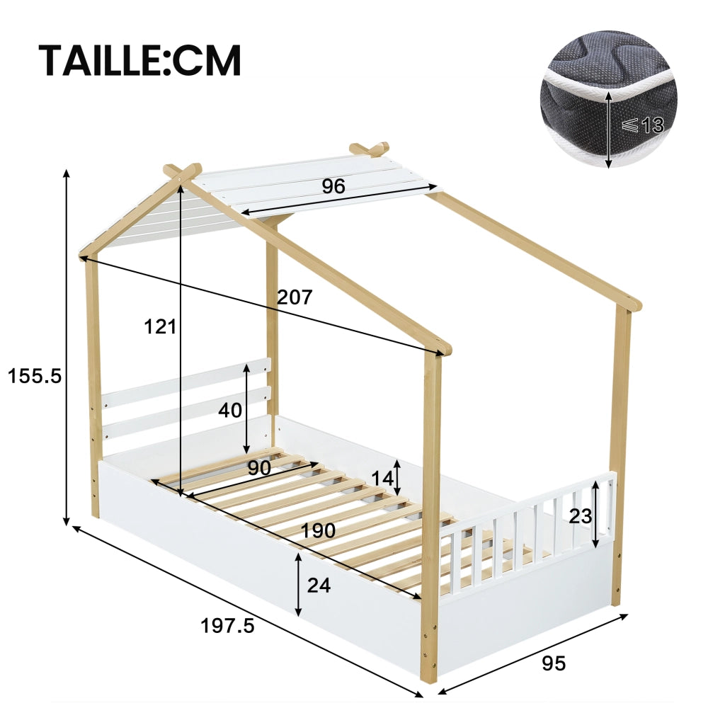 Letto casetta per bambini 90 × 190 cm 1 posto, senza materasso, in pino, truciolare e MDF, bianco naturale