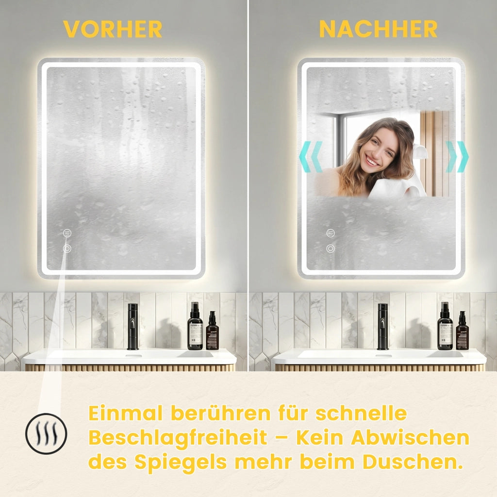 Specchio da bagno con luce dimmerabile; controllo touch e antiappannamento; montaggio orizzontale o verticale