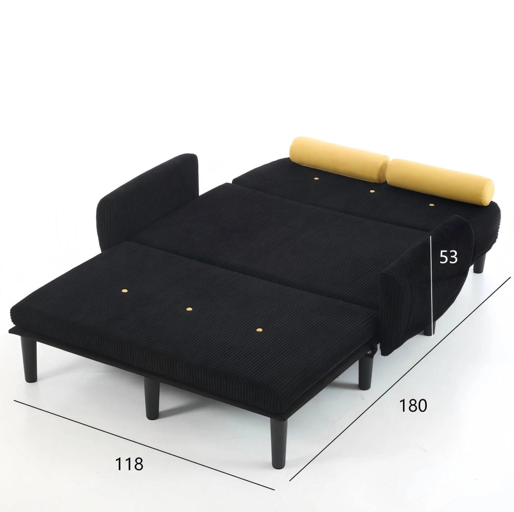 Divano Loveseat nero in velluto con struttura in metallo, schienale regolabile e cuscini cilindrici