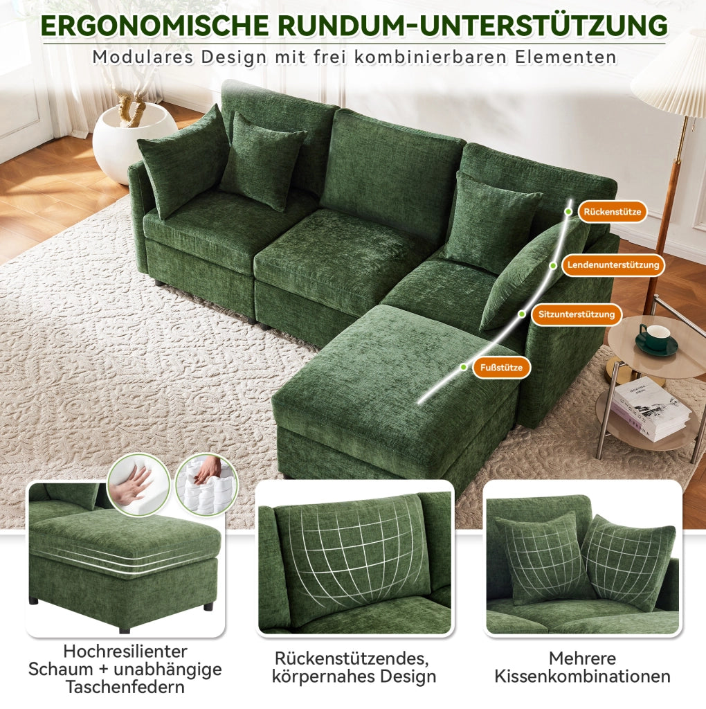 Divano modulare configurabile a L con pouf mobile; 3-4 posti; chenille verde; 216 x 161 x 81 cm