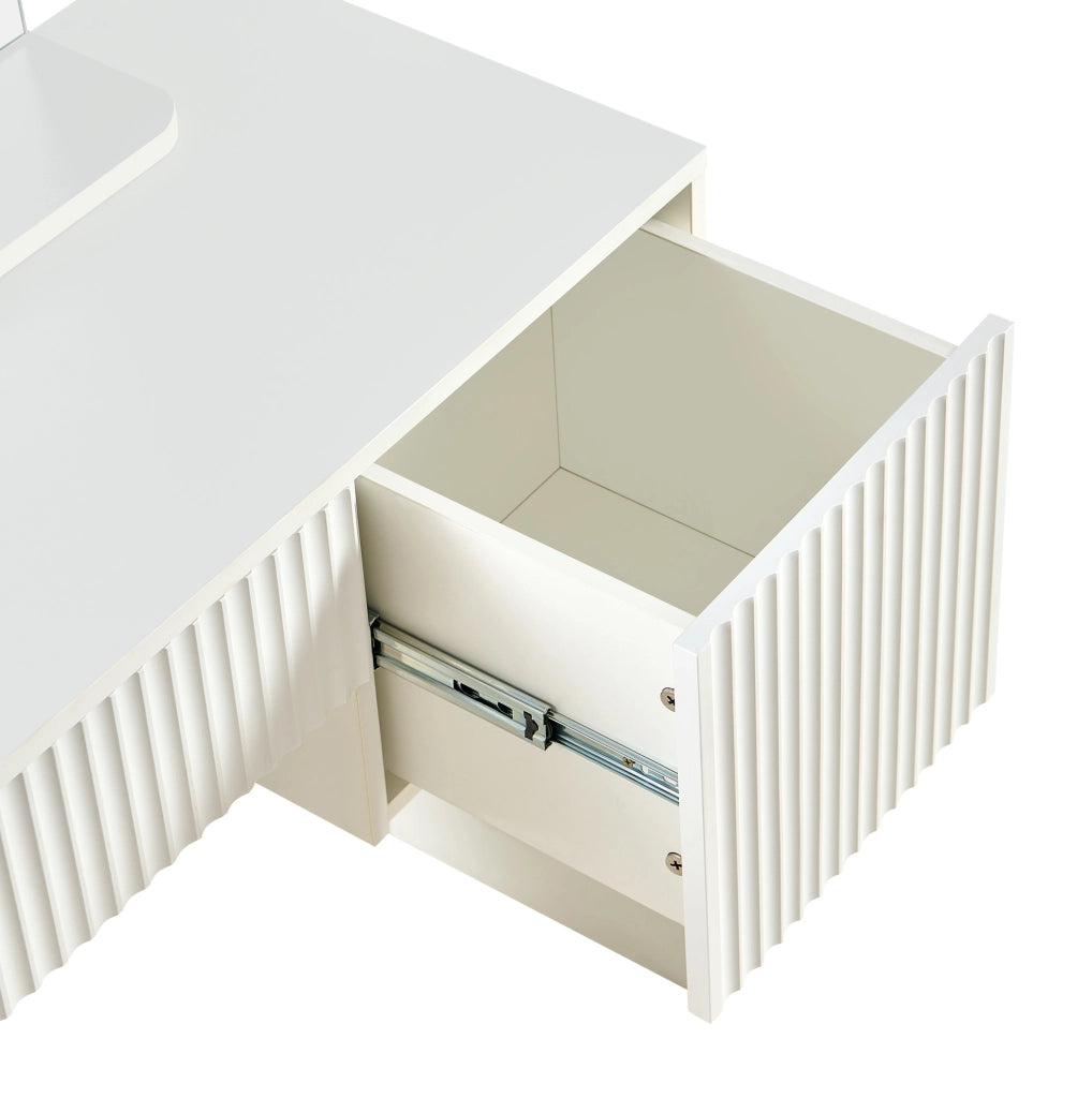 Tavolo da trucco 90x40x135 cm con specchio arcuato e 2 cassetti in MDF bianco