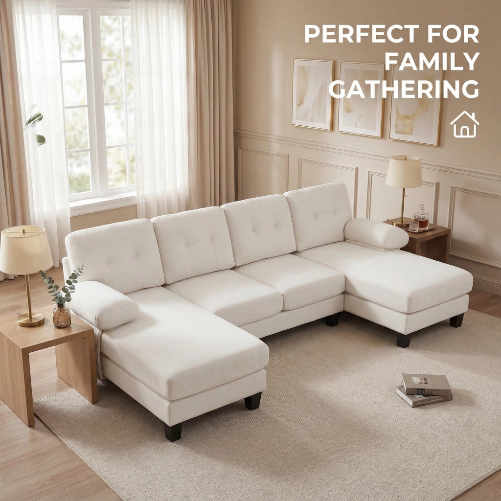 Divano panoramico con doppia chaise longue in ciniglia beige tasche laterali e braccioli rimovibili 84 × 268 × 128 cm
