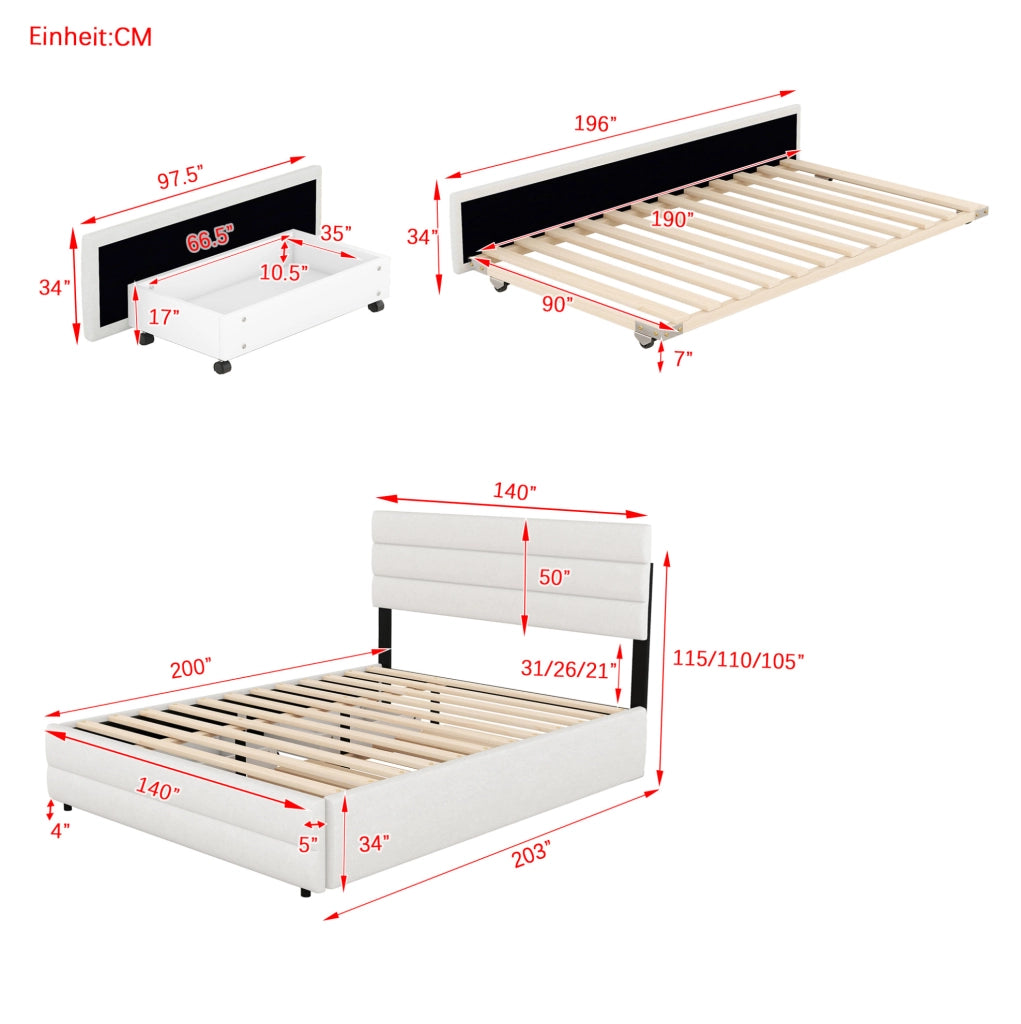 Letto imbottito 140x200 cm con letto estraibile e 2 cassetti; lino beige