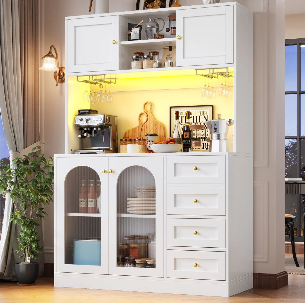 Credenza da cucina bianca con LED e vetro, 120x40x188 cm
