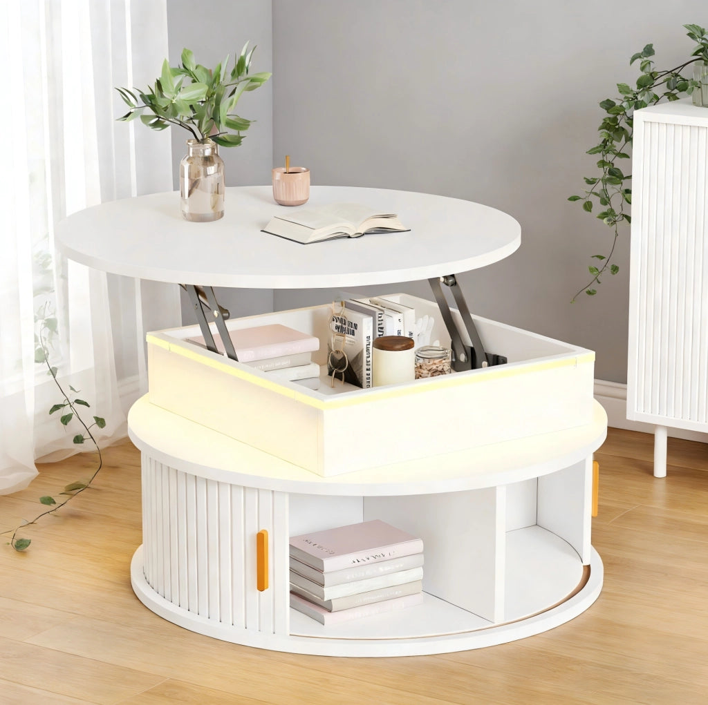 Tavolino rotondo regolabile con LED e vano contenitore bianco