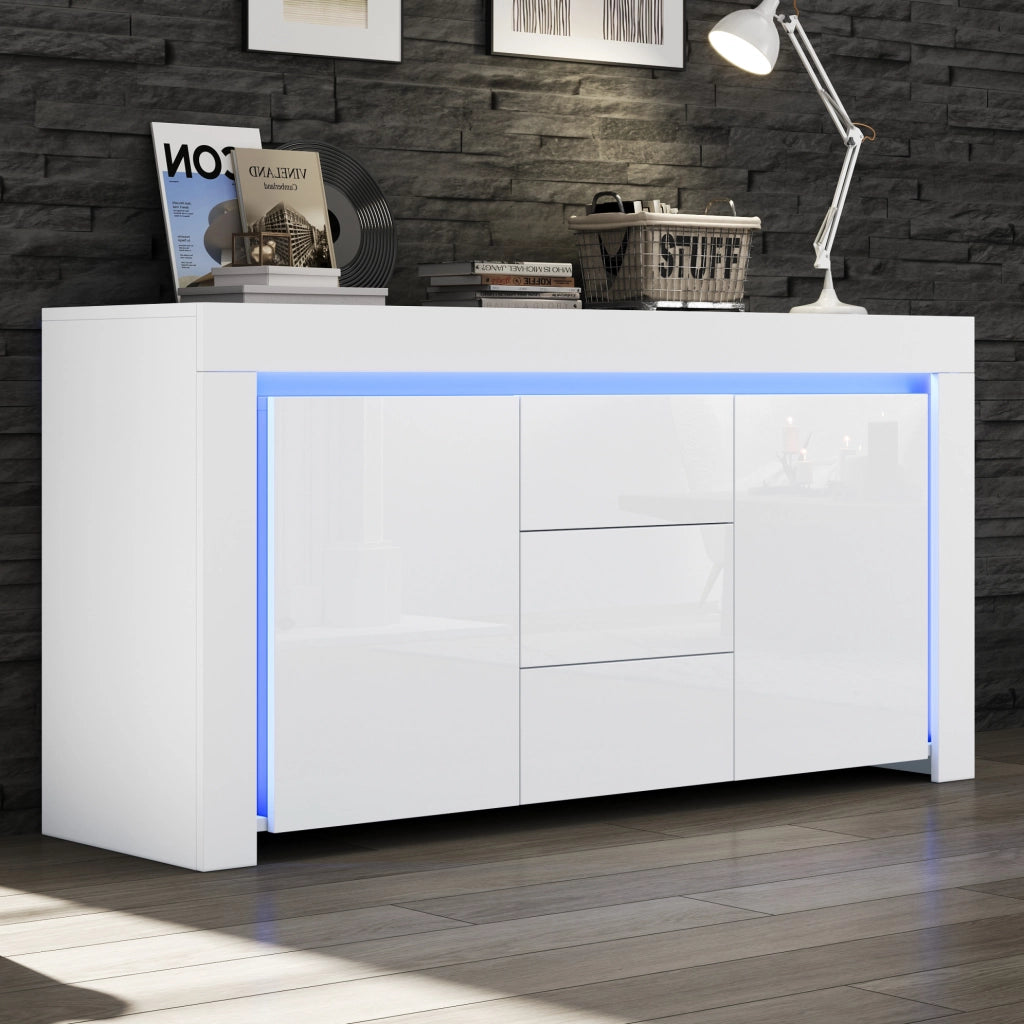 Credenza bianca lucida con 2 ante, 3 cassetti e LED