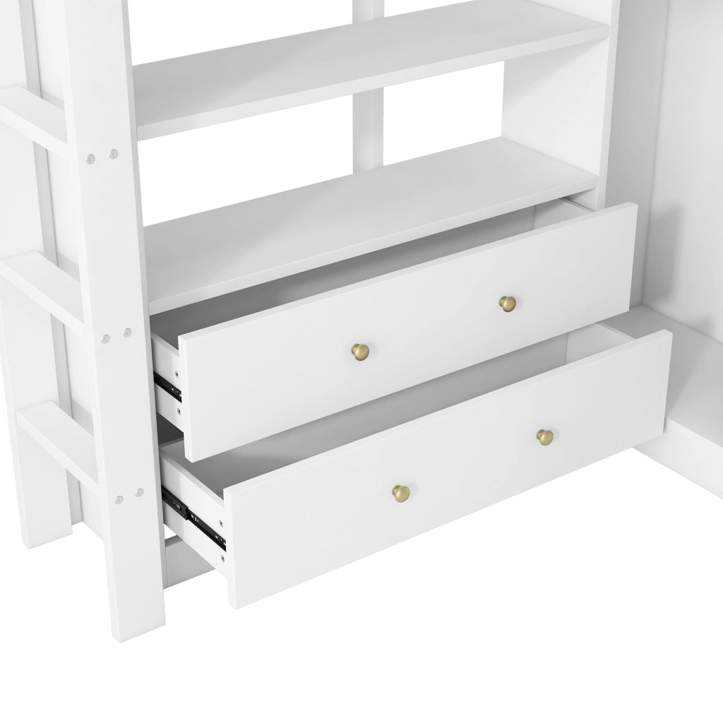 Letto a soppalco 140x200 cm bianco con scrivania; 2 cassetti; ripiani; LED e USB