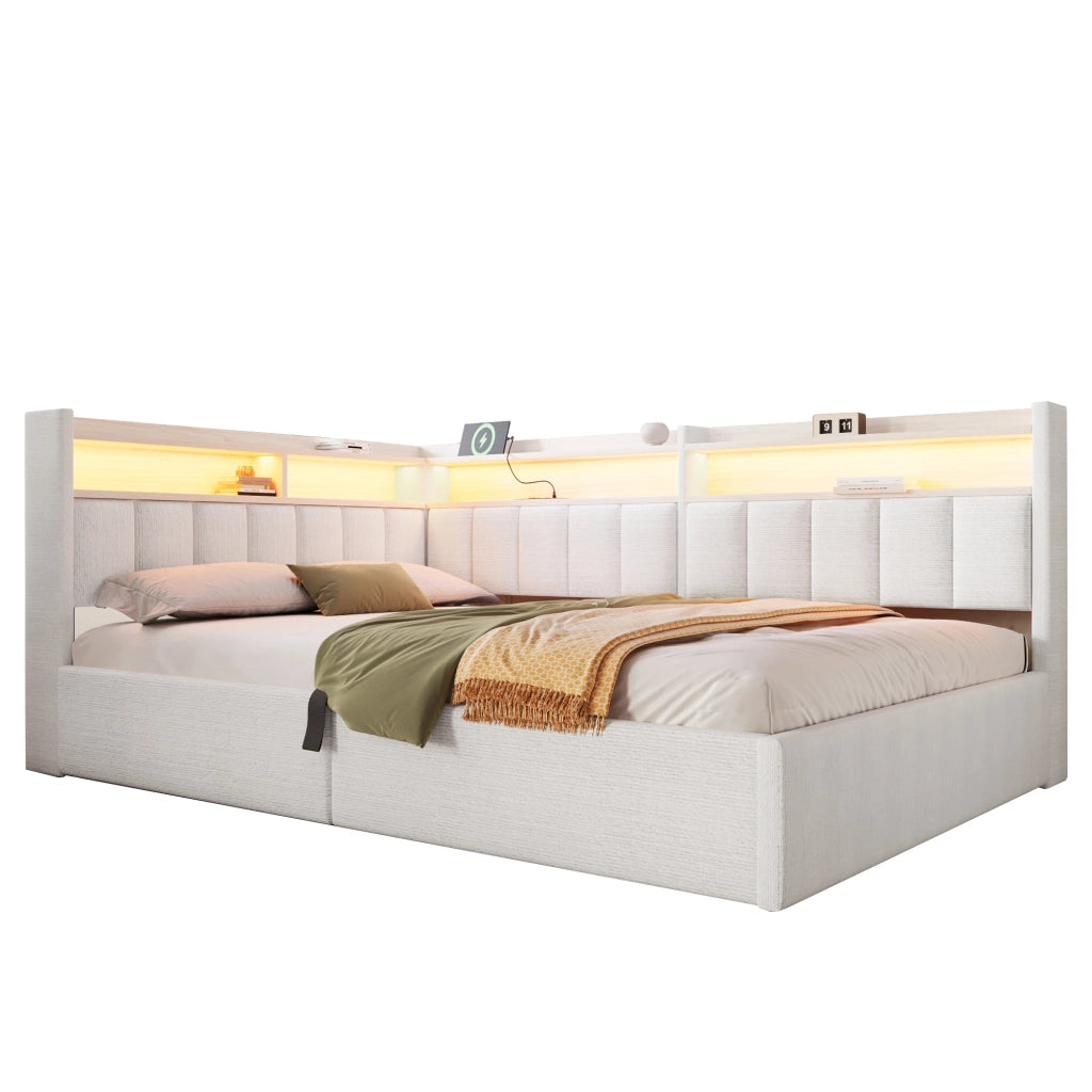 Letto contenitore 140 x 200 cm con contenitore idraulico, LED e USB-A/Type-C, letto imbottito in velluto bianco crema con vani laterali reversibili
