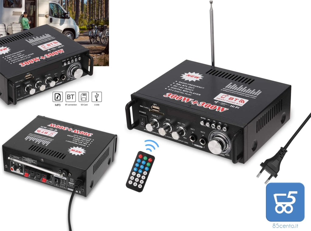 Amplificatore 600W Audio HiFi Audio Stereo Bluetooth Radio Portatile per Auto o Casa con Telecomando ed Mini Display 2CH LCD 12 V / 220 V