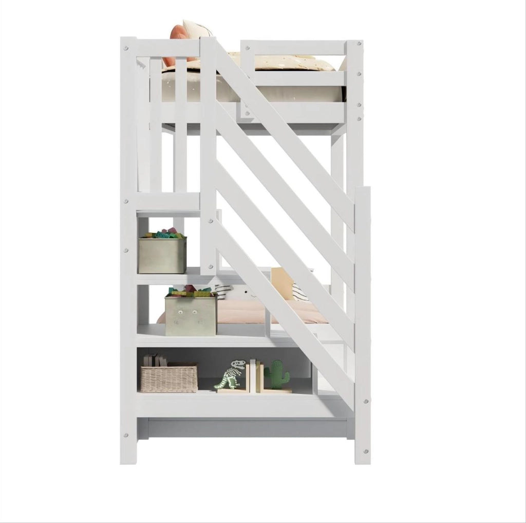 Letto a soppalco per bambini 90x200 cm con divano regolabile; scale contenitore e 2 cassetti bianco HOMVRA
