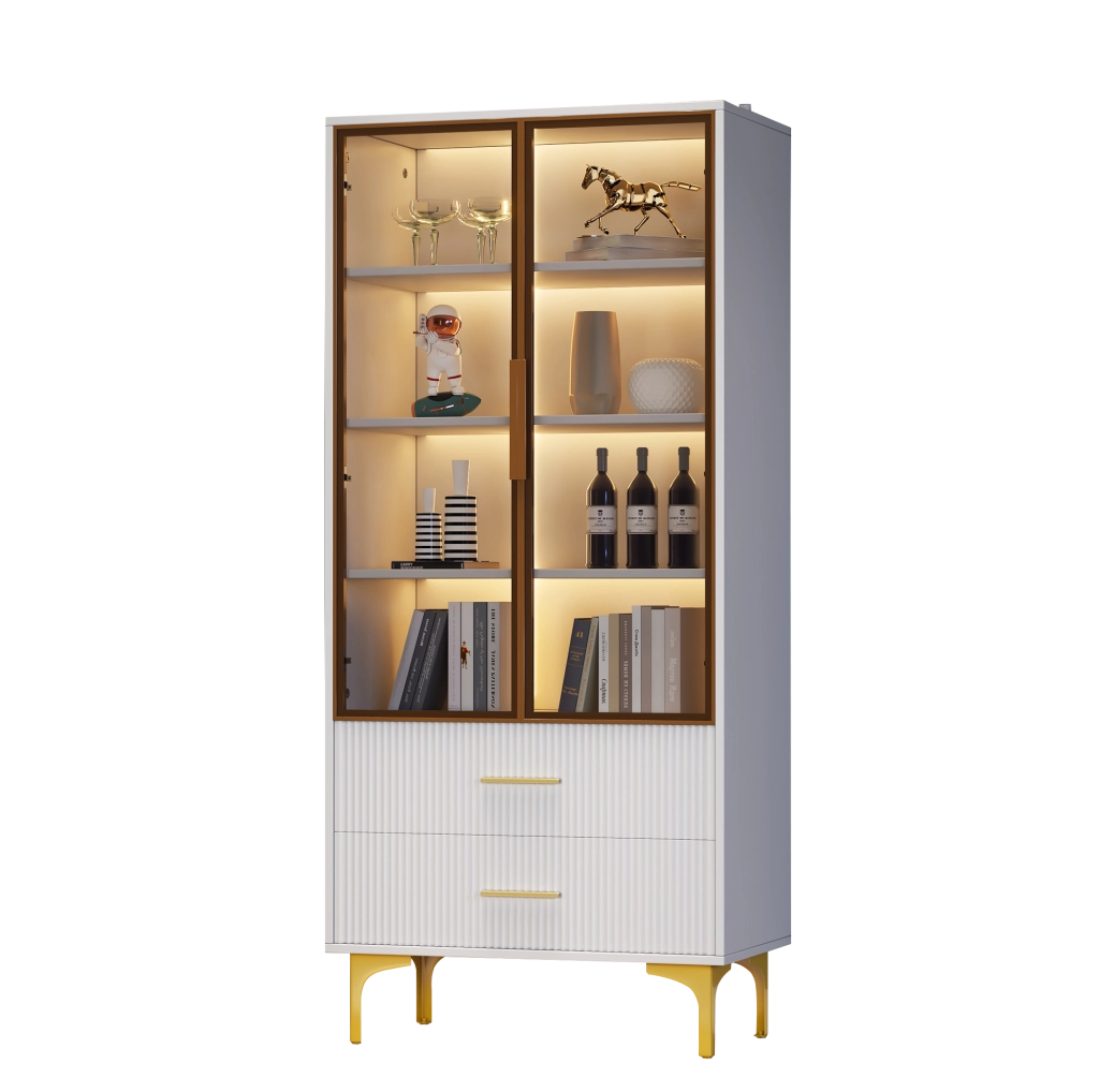 Vetrina elegante in bianco con ante in vetro tea, LED colorato e gambe dorate 70x35x150 cm