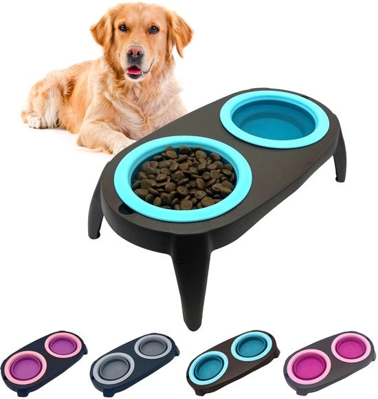 Sistema per cani con vasca elevata e dispositivo anti-slurro per cani. Vasca per gatti con fonte per l'acqua per gatti. 2 vasche per gatti ripiegabili e pieghevoli. Vasca per cani elevata. Kit per cani (blu)