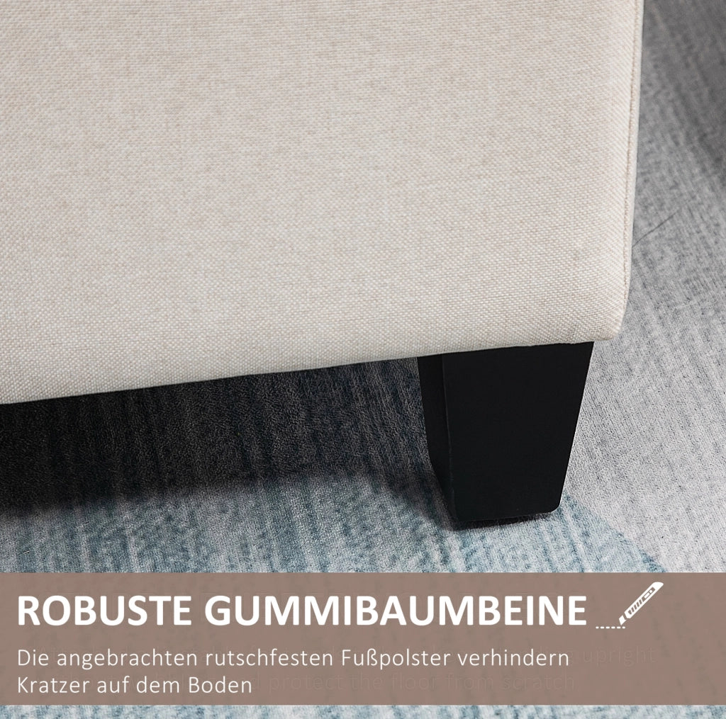 Panca contenitore imbottita in poliestere effetto lino crema 100x40x44 cm con gambe in legno di caucciù
