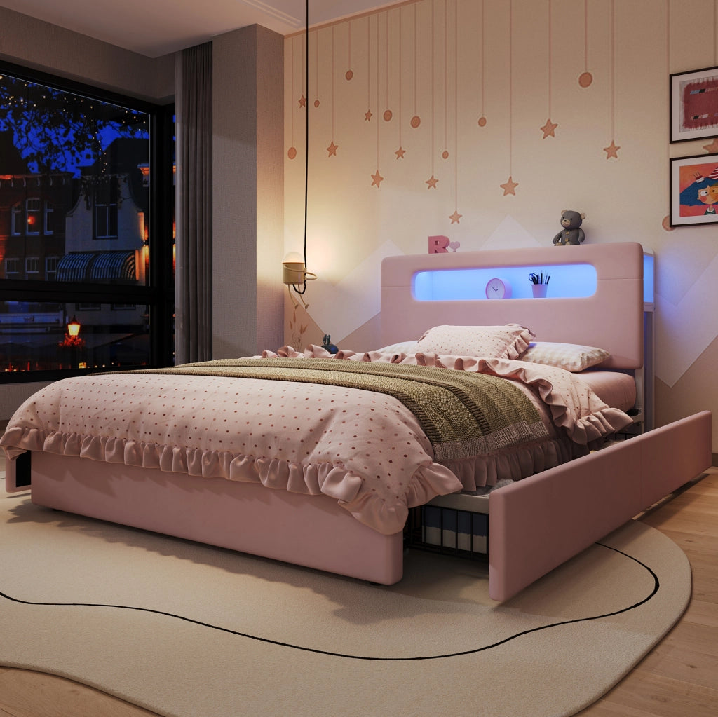 Letto imbottito ULEVR 140x200 cm rosa con 4 cassetti laterali, testiera con vano aperto e LED controllato tramite app