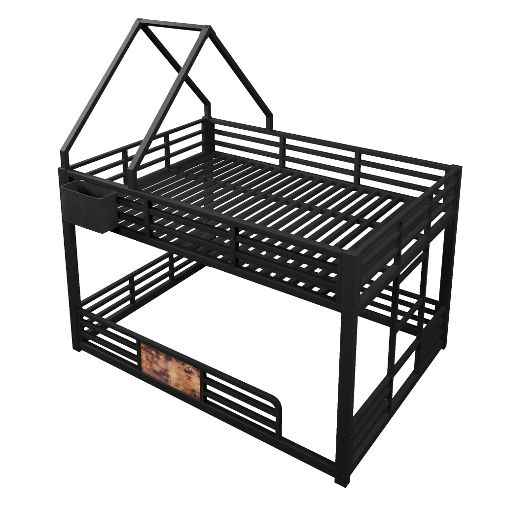 Letto a castello 140 × 200 cm con struttura a casetta; LED multicolore; tasche in tessuto e barriera nero