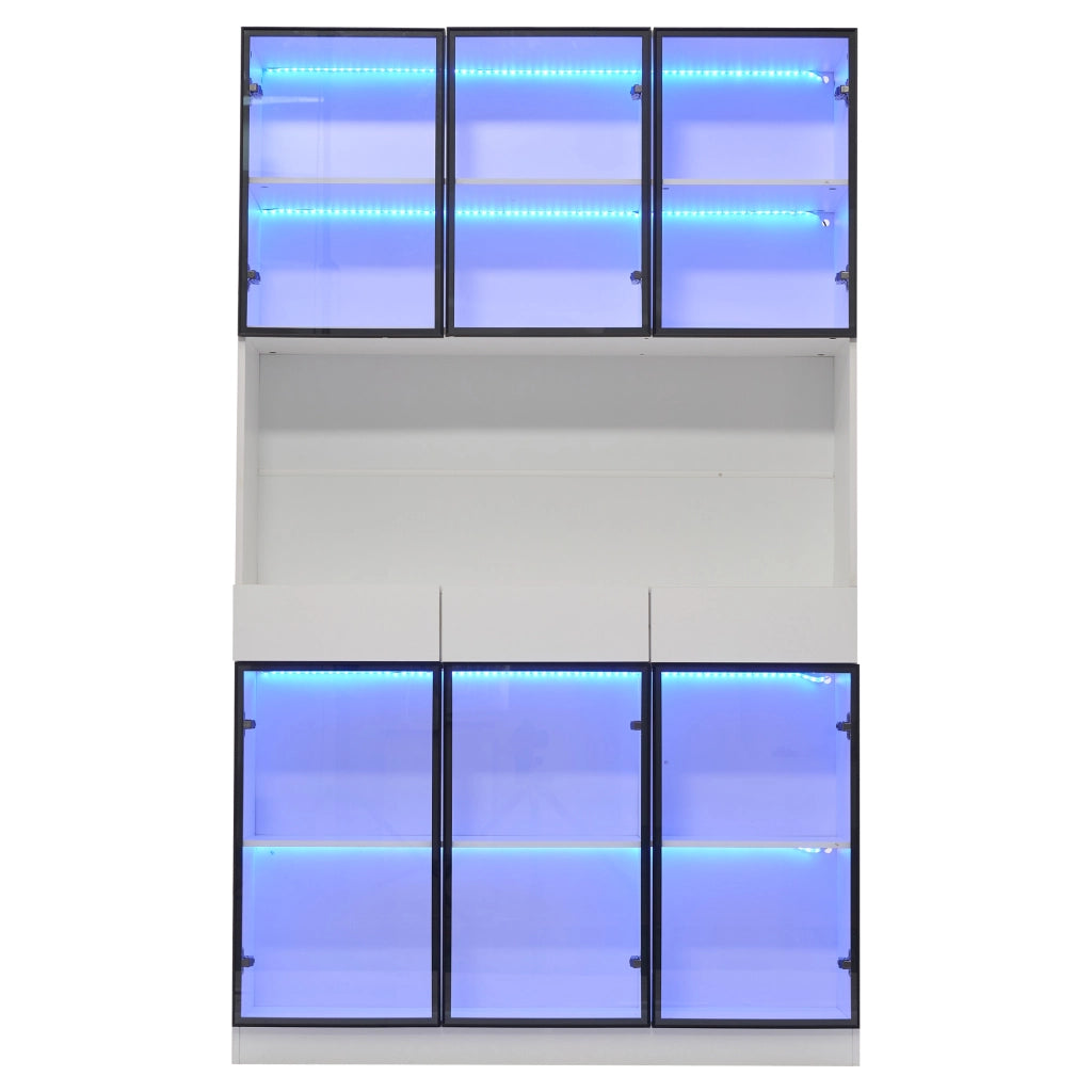 Vetrina alta LED con 6 ante in vetro, 3 cassetti e ripiani regolabili per soggiorno, bianca, 120 × 30 × 200 cm