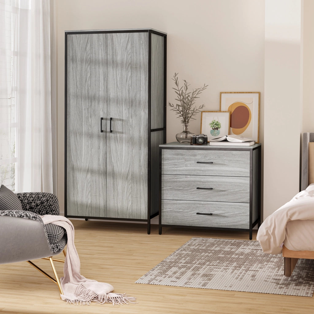 Easycomfort Armadio Guardaroba 2 Ante con Scomparti e Barra Appendiabiti 80x50x179cm, Grigio