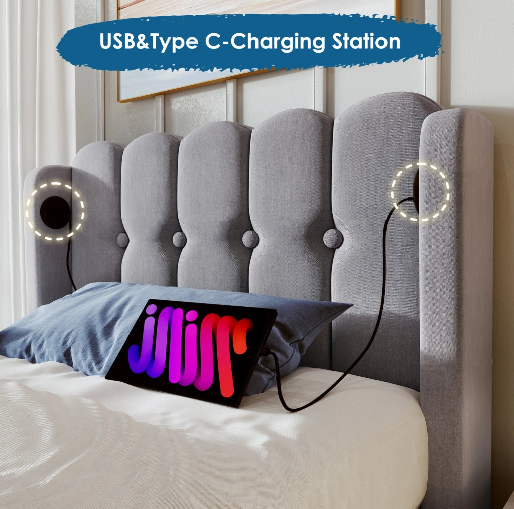 Letto imbottito 90x200 cm con USB e Type-C; struttura in lino grigio
