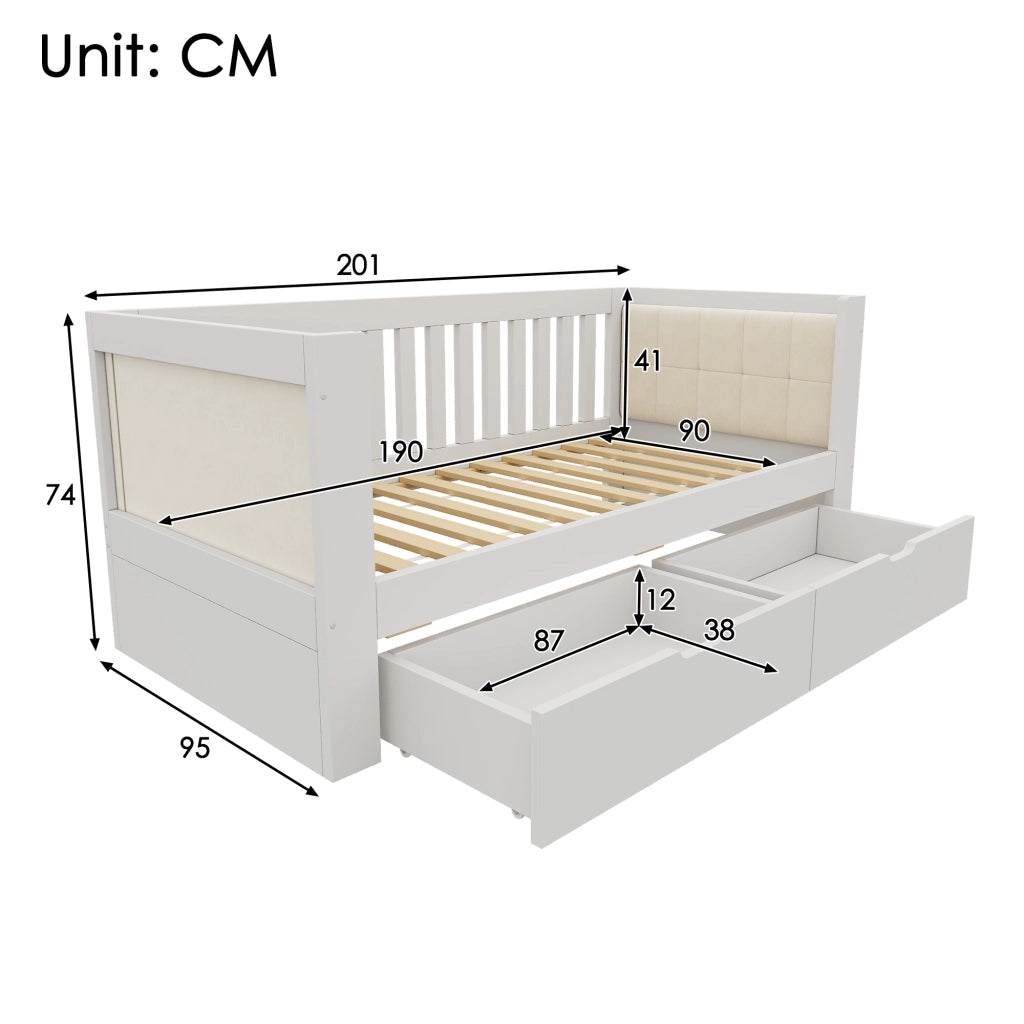 Letto da giorno bianco 90x190 cm con due cassetti