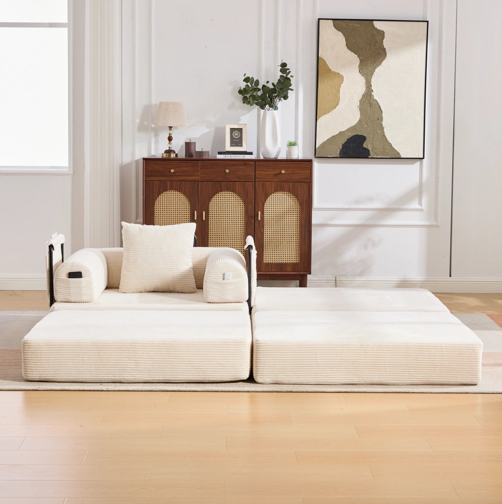 Divano modulare in tessuto a coste con poggiapiedi, struttura metallica stabile, design ergonomico e imbottitura spessa per comfort prolungato