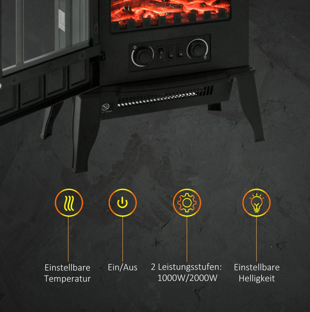 Caminetto elettrico ULEVR 2000 W con fiamma LED, 2 livelli di potenza 1000/2000 W, nero