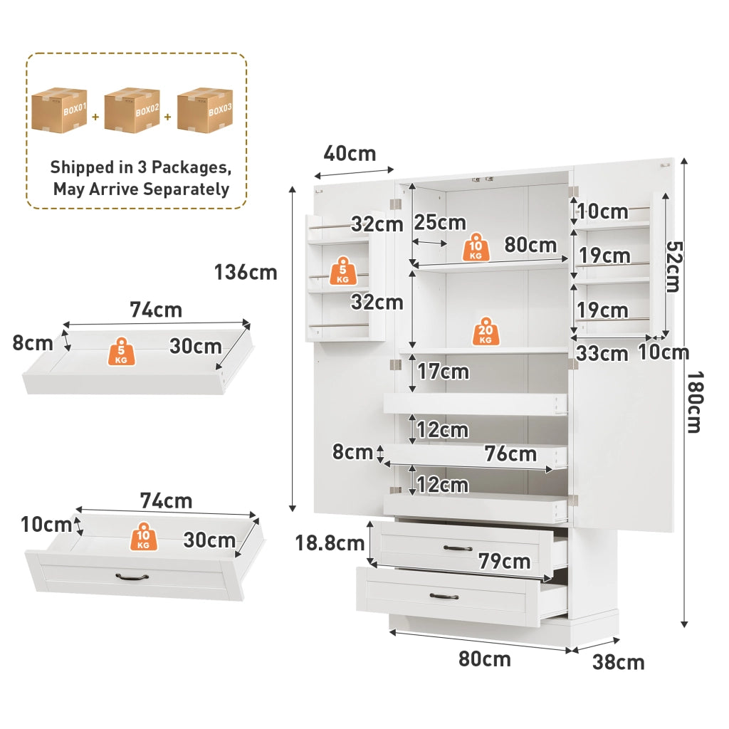Credenza da cucina alta con 3 ripiani estraibili, 2 cassetti e ripiano regolabile, bianca in MDF, 80 × 37,5 × 180 cm