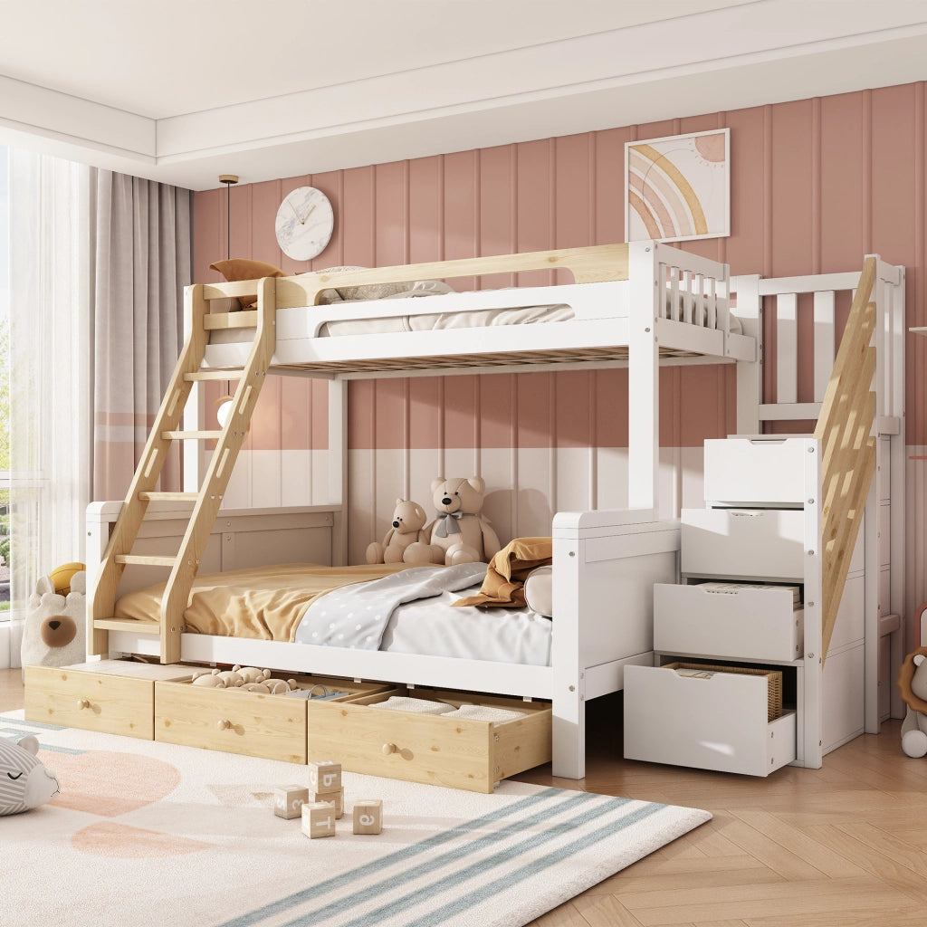 Letto a castello 90x200 e 140x200 cm in pino e MDF; bianco e naturale; con scala contenitore e 3 cassetti per cameretta