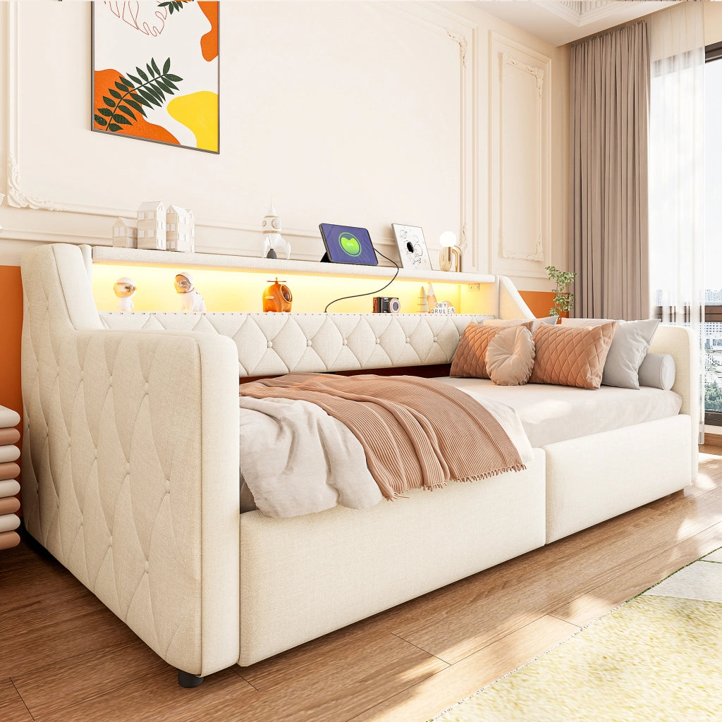 Letto contenitore 90 × 200 cm con vano idraulico LED; testiera sospesa USB e USB-C; lino e MDF beige