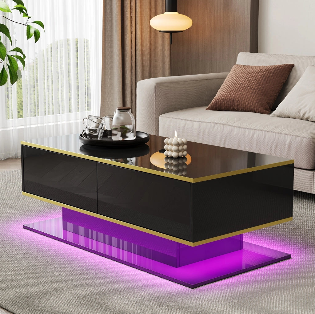 Tavolino da caffè moderno 100 x 50 x 40 cm nero lucido con LED; 3 cassetti e dettagli oro