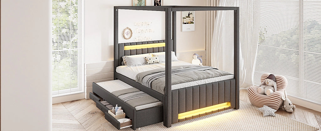 letto a baldacchino imbottito lino mdf grigio 140 x 200 cm