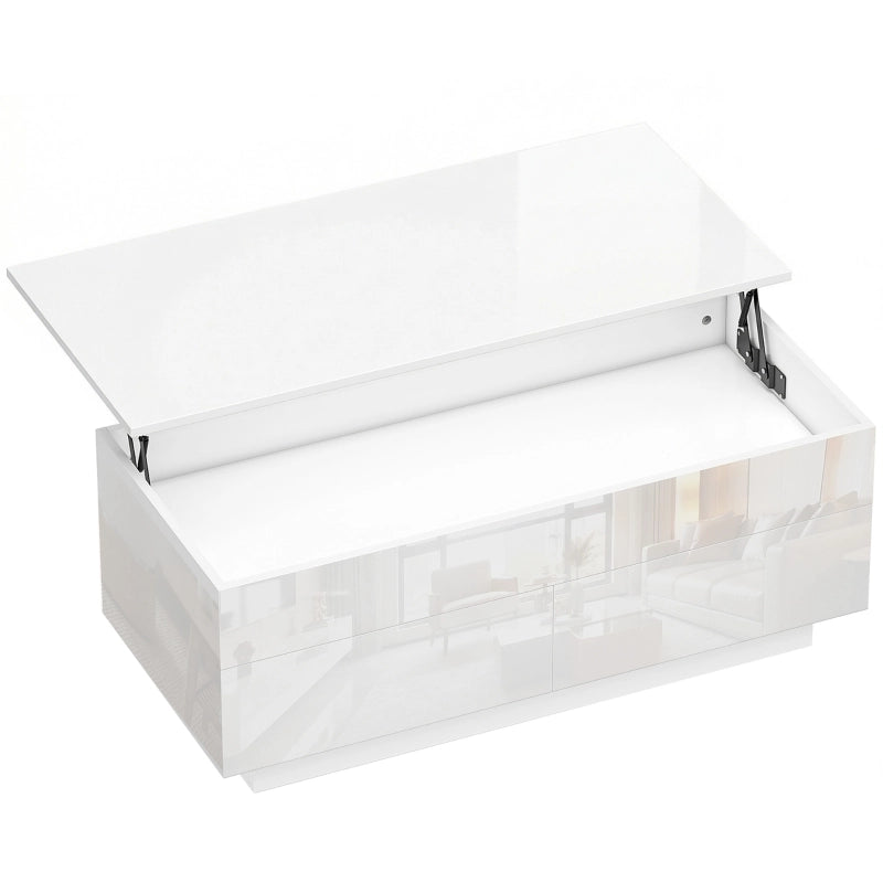Tavolino basso alzabile con vano nascosto e 2 cassetti in legno e metallo bianco lucido 102 × 48 × 40 cm