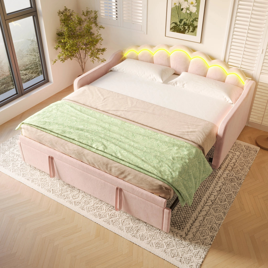Letto a Divanetto Estraibile 90x200 cm e 180x200 cm; con LED; in Velluto; Rosa